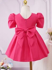 SHEIN 嬰兒素色泡泡袖後綁帶蝴蝶結百褶下擺洋裝