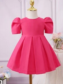 SHEIN 嬰兒素色泡泡袖後綁帶蝴蝶結百褶下擺洋裝