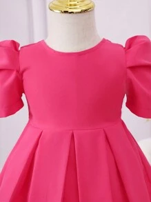 SHEIN 嬰兒素色泡泡袖後綁帶蝴蝶結百褶下擺洋裝