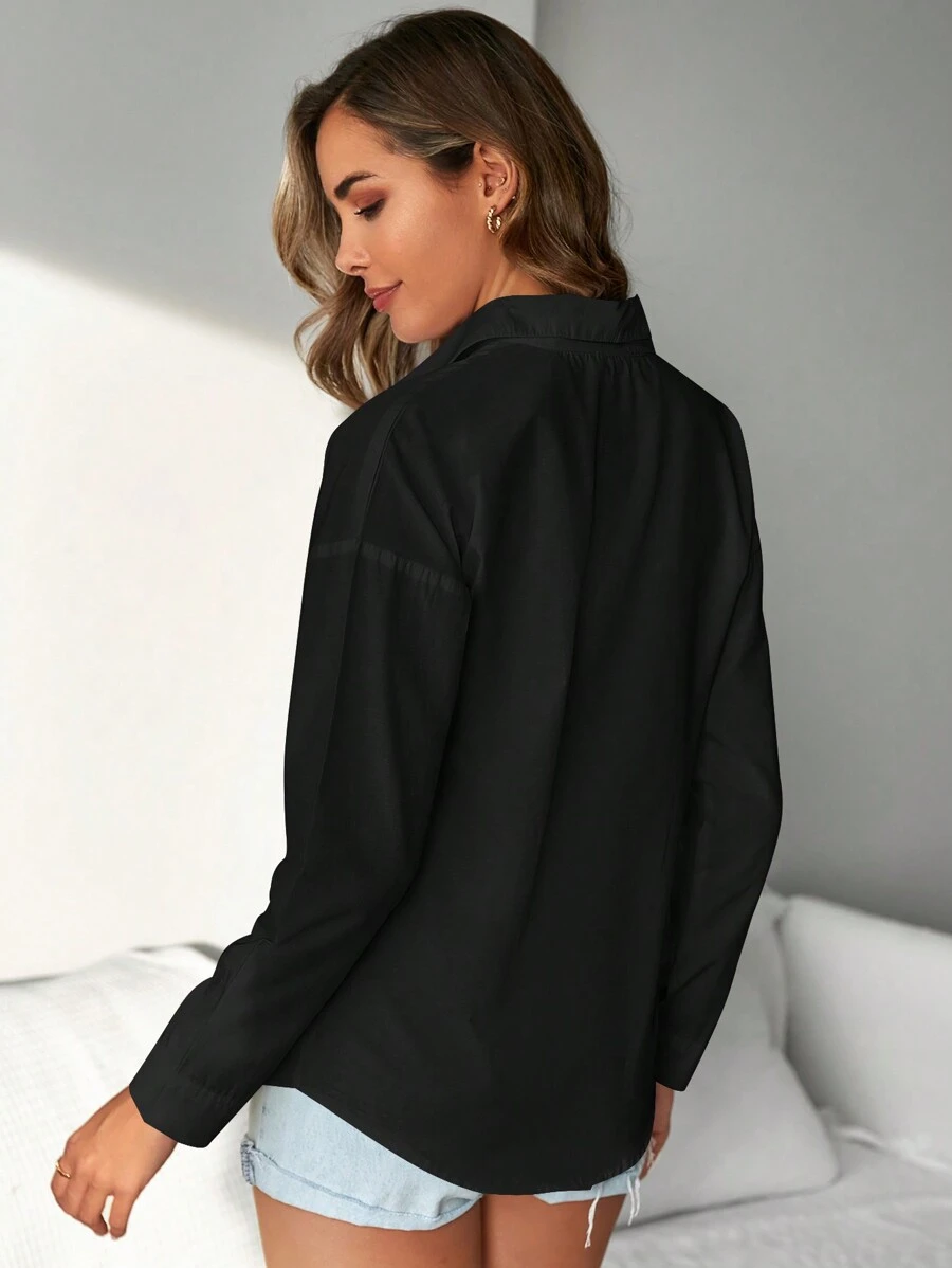 RueChic Camisa unicolor de hombros caídos - Negro - Ver 1