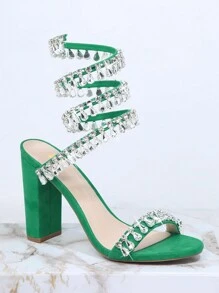 Chóp giầy hình vuông Rhinestone Chi tiết Coa dây Giày cao gót Dày - màu xanh lá - Xem 2
