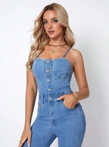SHEIN Privé Button Front Cami Denim Jumpsuit - Light Wash - View 3