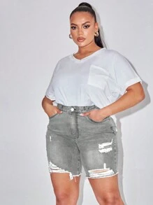 SHEIN SXY Pantalones cortos de mezclilla rasgados y con dobladillo crudo para tallas grandes, conjunto de ropa de verano para mujer, atuendos de festival, shorts casuales elegantes de ciclista