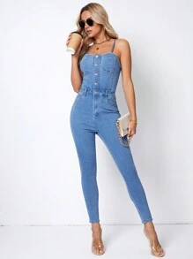 SHEIN Privé Button Front Cami Denim Jumpsuit - Light Wash - View 6