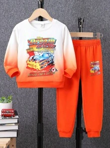 SHEIN 男小童汽車和字母圖案衛衣和衛褲