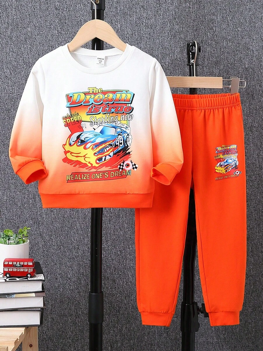 SHEIN 男小童汽車和字母圖案衛衣和衛褲
