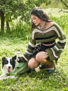 ROMWE Fairycore Striped Pattern Drop Shoulder Crop Jumper