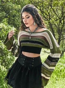 ROMWE Fairycore Striped Pattern Drop Shoulder Crop Jumper