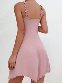 荷叶边不对称下摆吊带睡衣睡裙 - 藕粉色 - 查看 2