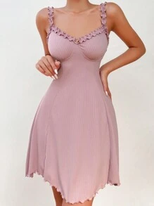 荷叶边不对称下摆吊带睡衣睡裙 - 藕粉色 - 查看 3