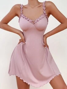 荷叶边不对称下摆吊带睡衣睡裙 - 藕粉色 - 查看 5