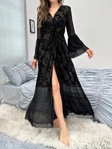 Floral Mesh Belted Robe - Black - View 3