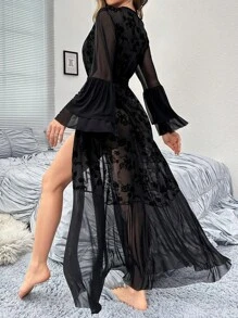 Floral Mesh Belted Robe - Black - View 2