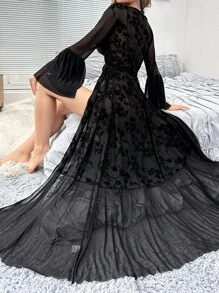 Floral Mesh Belted Robe - Black - View 6