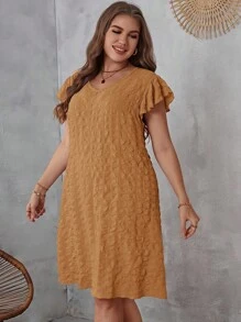 SHEIN LUNE فستان تونك اكمام فراشة مقاس كبير - بني - مشاهدة 3