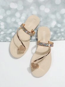 女士水鑽裝飾海灘平底涼鞋 - 金色 - 查看 2