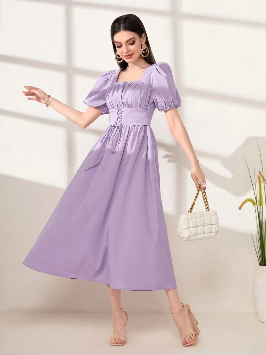 Mulvari Đầm Ren lên Dây kéo Nếp gấp Phần Ngực màu trơn Thanh lịch - Màu Lilac Tím - Xem 1