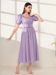 Mulvari Đầm Ren lên Dây kéo Nếp gấp Phần Ngực màu trơn Thanh lịch - Màu Lilac Tím - Xem 4