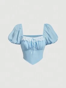 SHEIN MOD Áo sơ mi nữ Bất đối xứng Dải chun Thắt nơ trước Nếp gấp Phần Ngực màu trơn Giải trí - Màu xanh nhạt - Xem 1