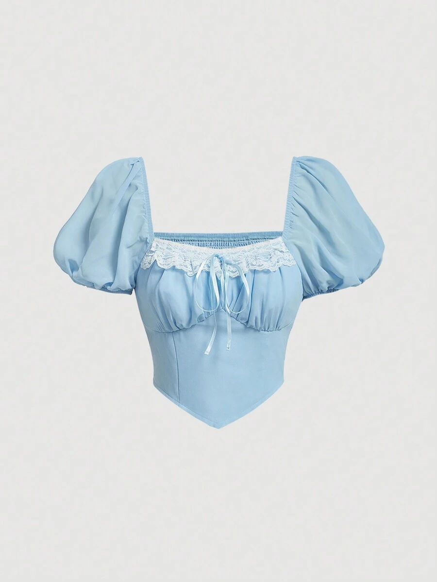 SHEIN MOD Áo sơ mi nữ Bất đối xứng Dải chun Thắt nơ trước Nếp gấp Phần Ngực màu trơn Giải trí - Màu xanh nhạt - Xem 1