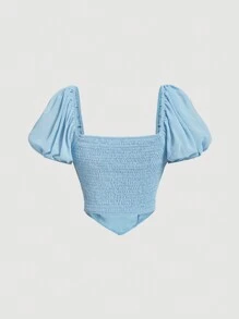 SHEIN MOD Áo sơ mi nữ Bất đối xứng Dải chun Thắt nơ trước Nếp gấp Phần Ngực màu trơn Giải trí - Màu xanh nhạt - Xem 2