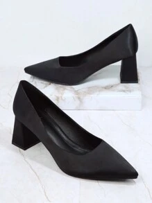 Pointy Toe Satin Block Heel Pumps - Black - View 2