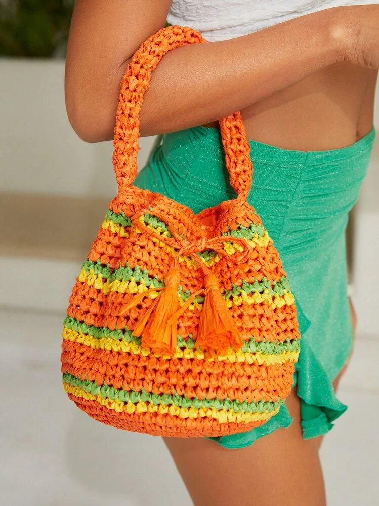 SHEIN VCAY Bolso de ganchillo de color combinado con diseño de fleco vacación para verano - Naranja - Ver 3