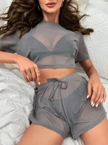 Drop Shoulder Sheer Mesh Top & Shorts PJ Set / Pajama Set Without Liner - Grey - View 6