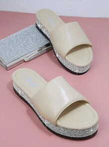 Open Toe Rhinestone Detail Flatform Slides