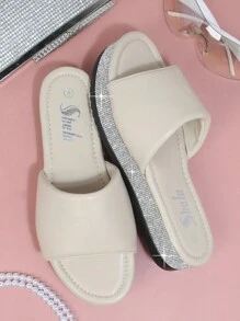 Open Toe Rhinestone Detail Flatform Slides