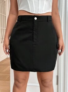 SHEIN EZwear 大碼側翻蓋口袋半身裙 - 黑色 - 查看 3