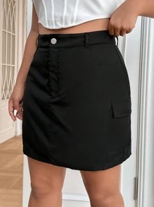 SHEIN EZwear 大碼側翻蓋口袋半身裙 - 黑色 - 查看 5