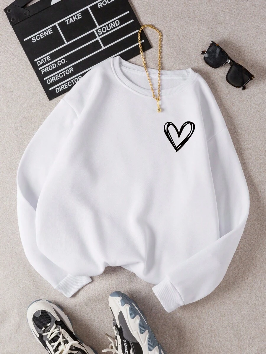 INAWLY Heart Print Thermal Lined Sweatshirt,Long Sleeve Tops Graduation,Back To School,Graduation,Teacher For Women,Back To School Pullover Fall Sweatshirt - White - View 1