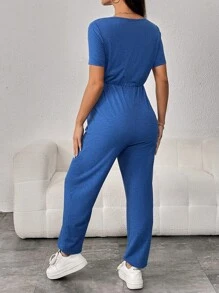 SHEIN Maternidad Mono de cuello notch con nudo delantero - Azul - Ver 2