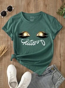 SHEIN LUNE 睫毛和字母圖案T恤 - 青碧色 - 查看 1