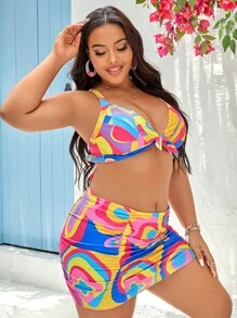 SHEIN Conjunto de bikini de talla grande con estampado integral y nudo en la parte delantera para verano en la playa - Multicolor - Ver 4