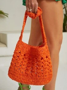 SHEIN VCAY 大鉤針編織袋休閒橘色鏤空敞口單肩包適用於度假 - 橘色 - 查看 1