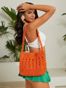 SHEIN VCAY 大鉤針編織袋休閒橘色鏤空敞口單肩包適用於度假 - 橘色 - 查看 2