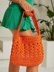 SHEIN VCAY 大鉤針編織袋休閒橘色鏤空敞口單肩包適用於度假 - 橘色 - 查看 3