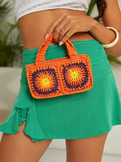 SHEIN VCAY 小鉤針編織袋橘色幾何度假適合夏天旅行戶外