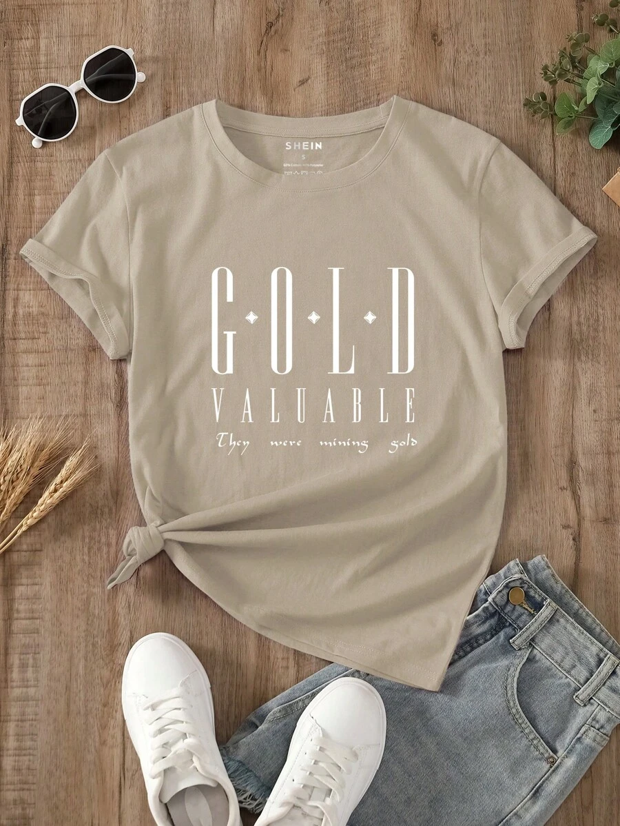 INAWLY Slogan Graphic Tee GOLD VALUABLE They Were Mining Gold Graphic Tees Women Tops - Khaki - View 1