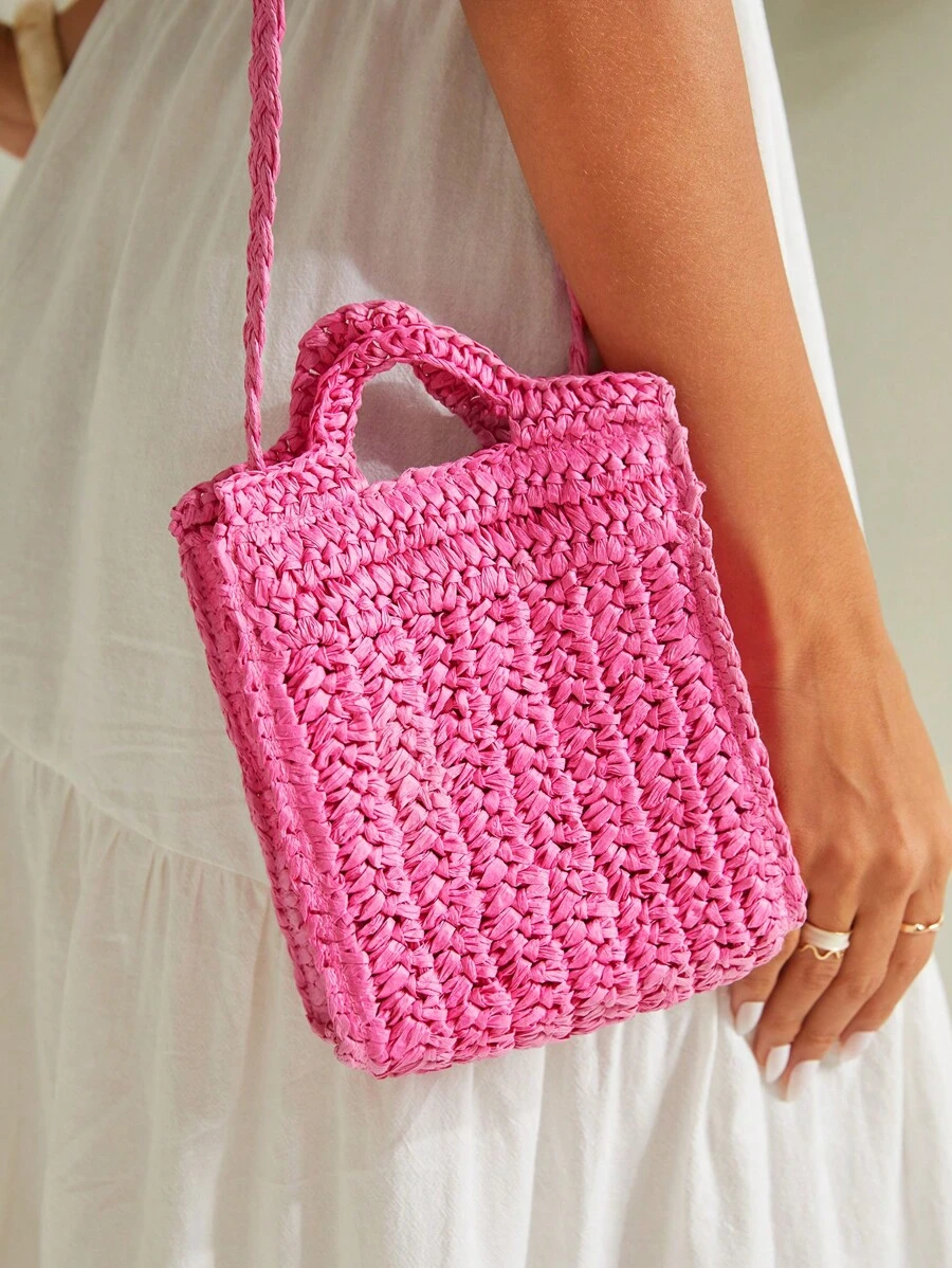 SHEIN VCAY 小鉤針編織袋素色熱粉色度假適合夏天旅行戶外 - 玫紅色 - 查看 1