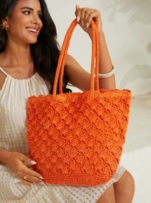 SHEIN VCAY Túi tote đeo vai tối giản Double Handle cho kỳ nghỉ - trái cam - Xem 9