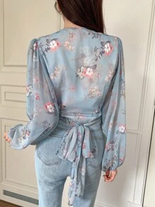 DAZY Floral Print Lantern Sleeve Tie Back Crop Blouse Long Sleeve Top Vacation Outfits Women - Blue - View 2