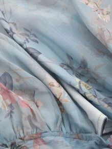 DAZY Floral Print Lantern Sleeve Tie Back Crop Blouse Long Sleeve Top Vacation Outfits Women - Blue - View 8