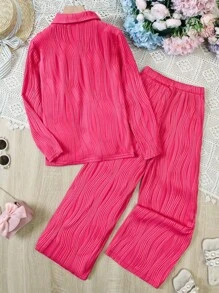 SHEIN 女孩素色前紐扣襯衫和褲子 - 玫紅色 - 查看 2