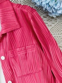 SHEIN 女孩素色前紐扣襯衫和褲子 - 玫紅色 - 查看 4