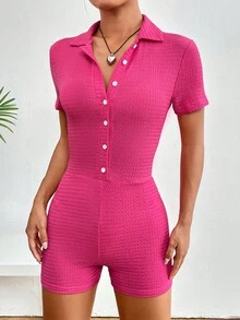 SHEIN EZwear Button Front Unitard Romper - Hot Pink - View 6