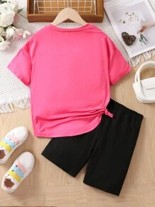 SHEIN 女孩汽車和字母圖案T恤和機車短褲 - 彩色 - 查看 2