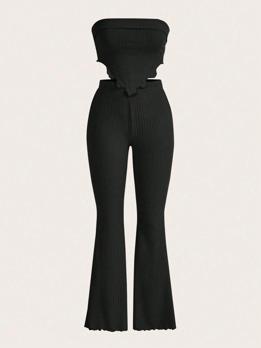 SHEIN EZwear Lettuce Trim Bandana Hem Crop Tube Top & Flare Leg Trousers - Black - View 1